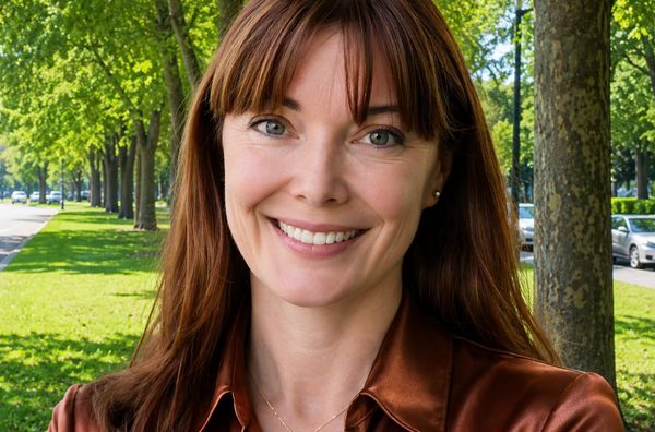 Amanda Scogna, founder of Kinvara Life, smiling outdoors among green trees