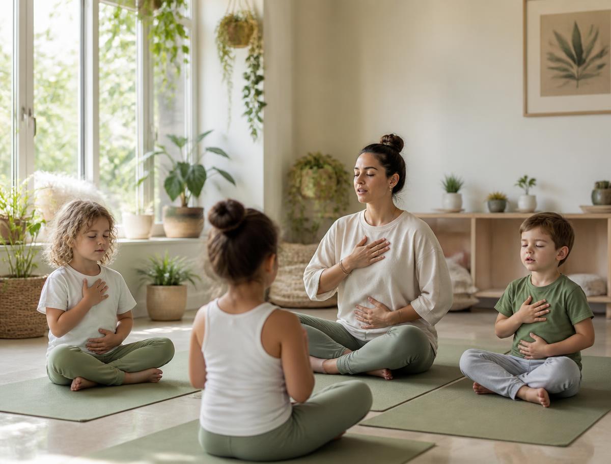 Children and a caregiver practicing breathing exercises on yoga mats