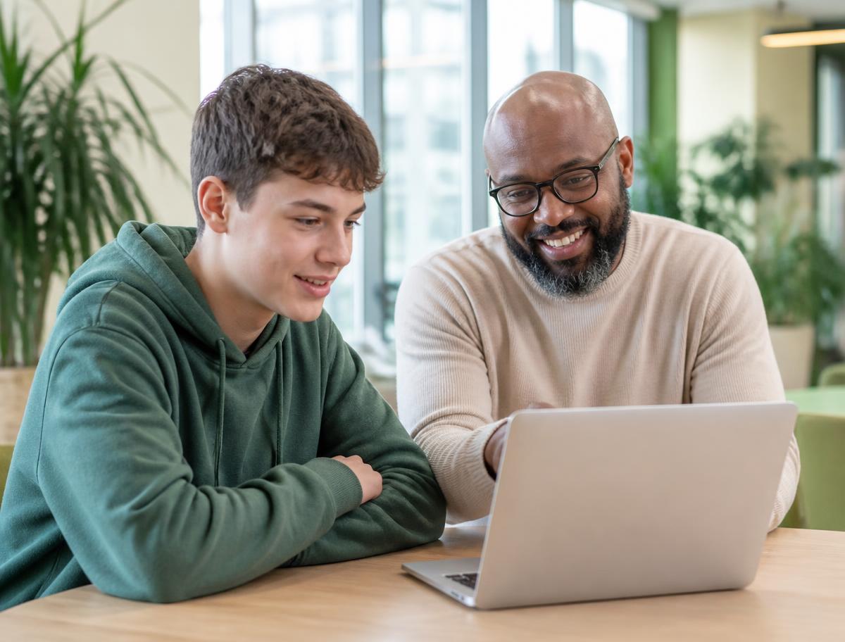 A teenager and a mentor exploring technology together on a laptop