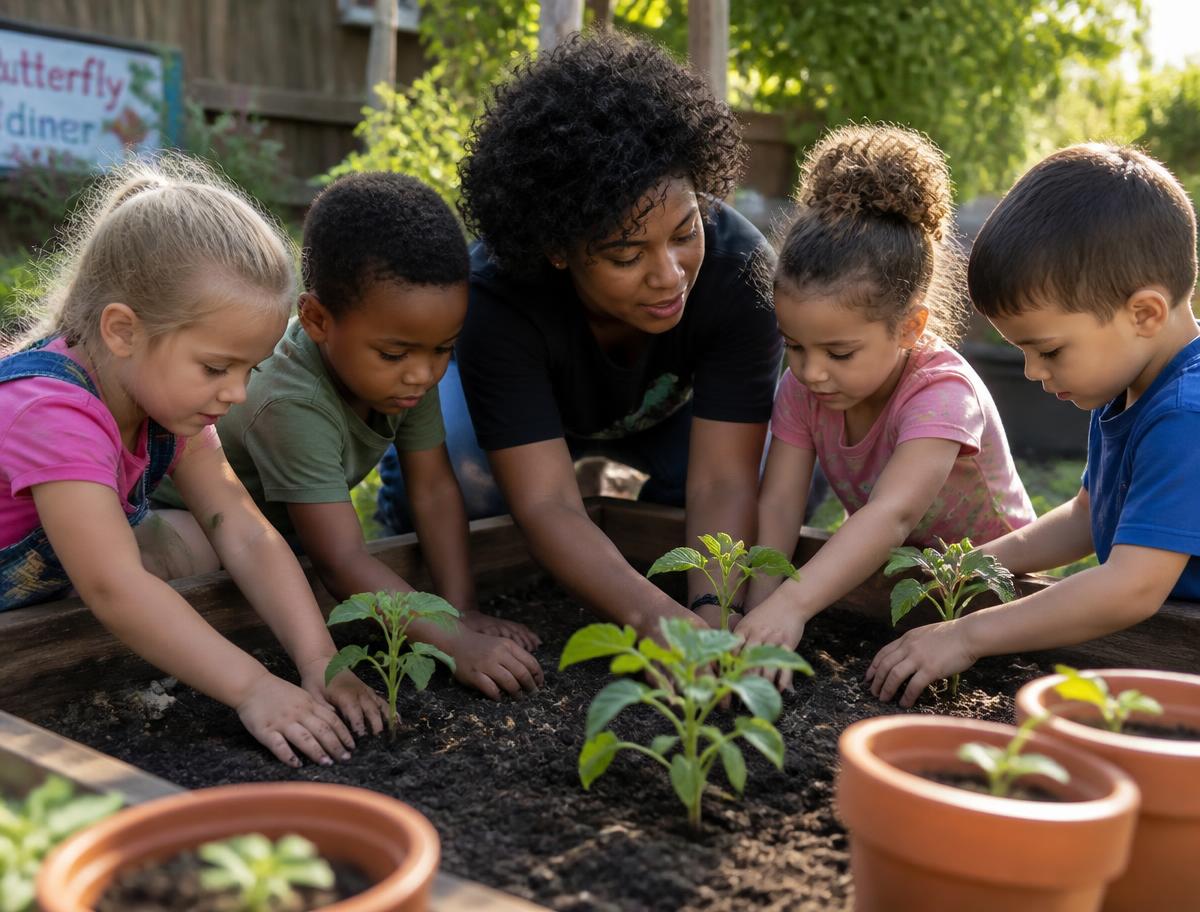 Children and a caregiver planting seedlings in a garden bed