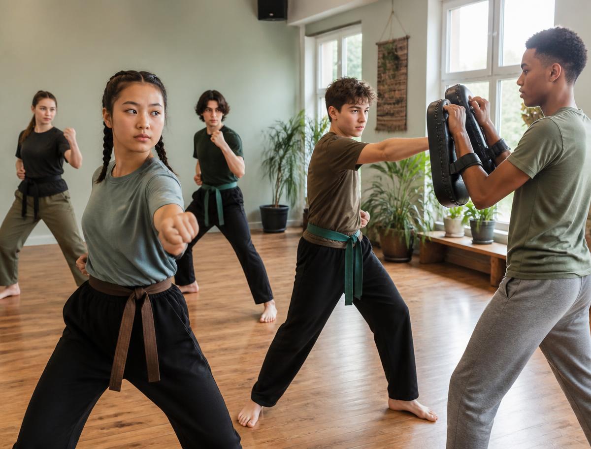 Teens practicing focused martial-arts stances in a bright studio